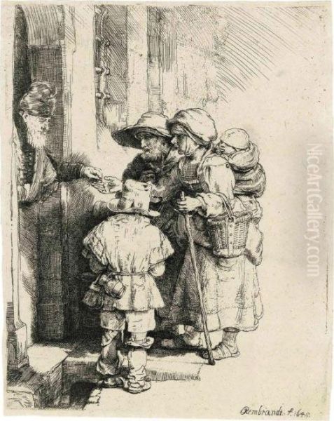 Beggars Receiving Alms At The Door Oil Painting by Rembrandt Van Rijn