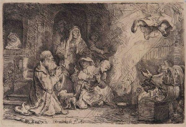 L'ange Qui Disparait Devant La Famille De Tobie Oil Painting by Harmenszoon van Rijn Rembrandt
