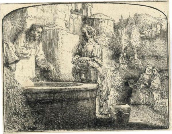 Christ And The Woman Of Samaria Oil Painting by Rembrandt Van Rijn