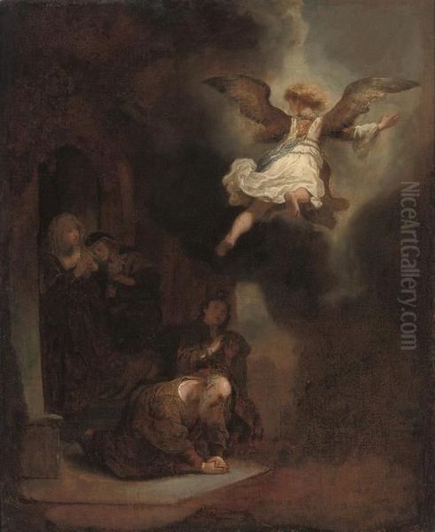 The Archangel Raphael Taking Leave Of Tobit And His Family Oil Painting by Rembrandt Van Rijn