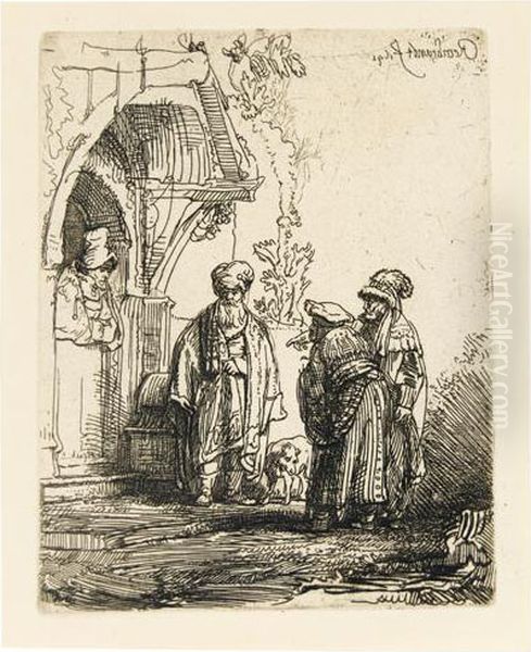 Three Oriental Figures (jacob And Laban ?). Oil Painting by Rembrandt Van Rijn