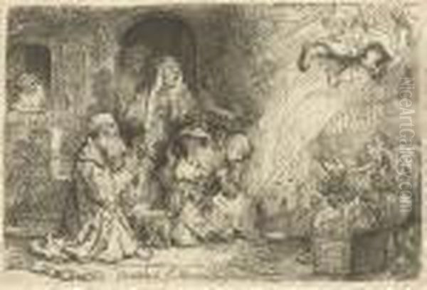 The Angel Departing From The Family Of Tobias Oil Painting by Rembrandt Van Rijn