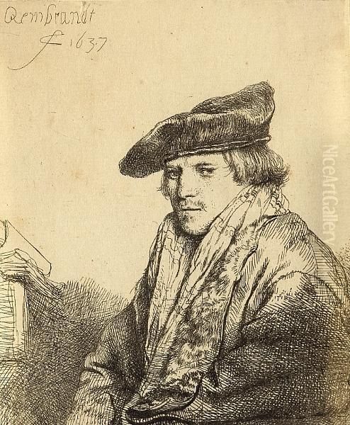 Young Man In A Velvet Cap, With Booksbeside Him Oil Painting by Rembrandt Van Rijn