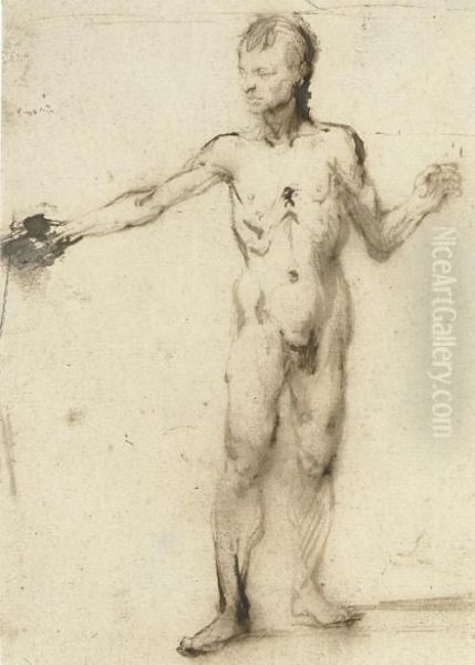 A Standing Nude Gesturing To The Right Oil Painting by Rembrandt Van Rijn
