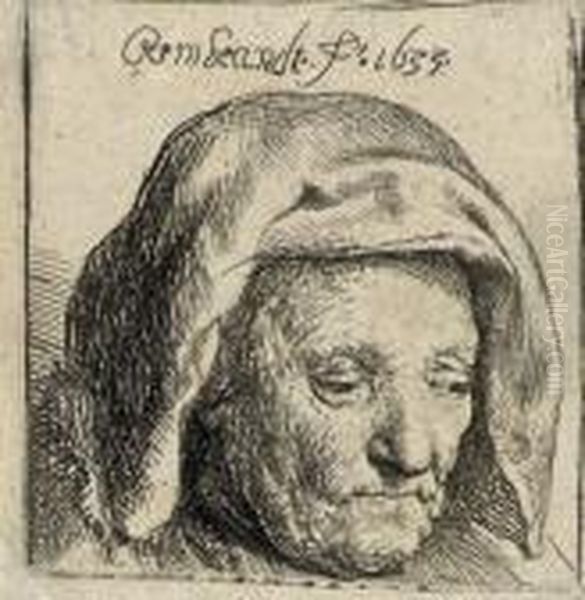The Artist's Mother In A Cloth 
Headdress, Looking Down: Head Only (b., Holl. 351; H. 107) Oil Painting by Harmenszoon van Rijn Rembrandt
