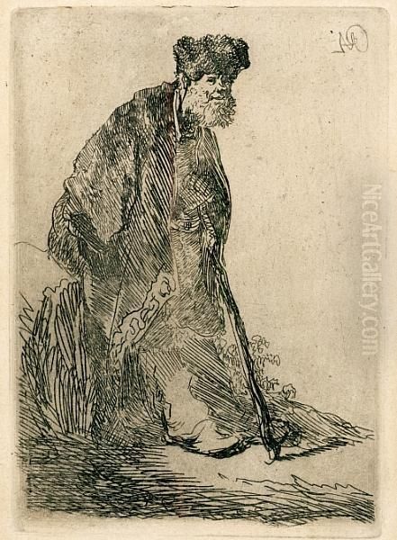 Man In A Coat And Fur Cap Leaning Against A Bank Oil Painting by Rembrandt Van Rijn