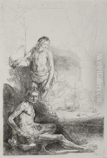 Nude Man Seated And Another Standing With A Woman And A Baby Oil Painting by Harmenszoon van Rijn Rembrandt
