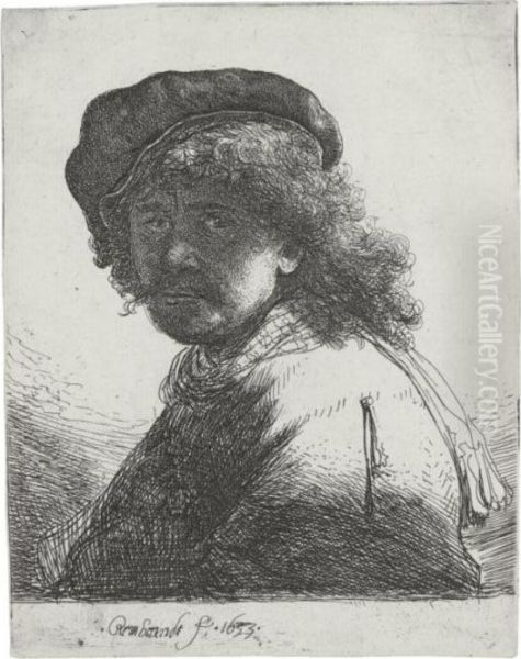 Self Portrait In A Cap And Scarf
 With The Face Dark: Bust (b., Holl. 17; H. 108; Bb. 33-g) Oil Painting by Rembrandt Van Rijn