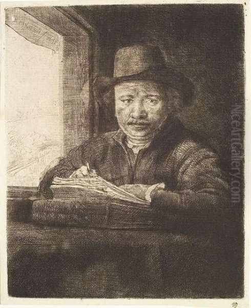 Self Portrait Drawing At A Window. Oil Painting by Rembrandt Van Rijn