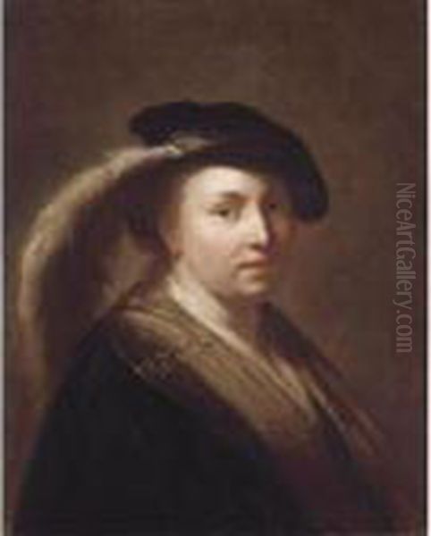 Portrait Of A Young Girl, Head And Shoulders, Wearing A Feathered Cap Oil Painting by Rembrandt Van Rijn