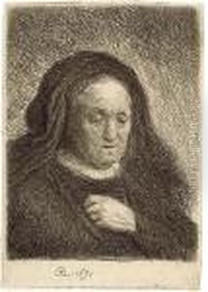 The Artist's Mother With Her Hand On Her Chest: Small Bust Oil Painting by Rembrandt Van Rijn