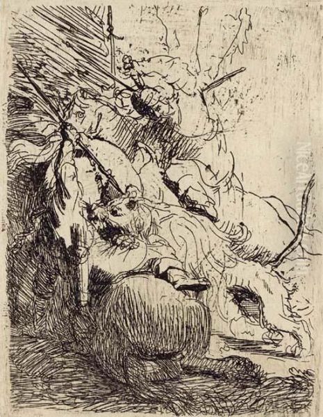 The Small Lion Hunt (with One Lion) Oil Painting by Rembrandt Van Rijn
