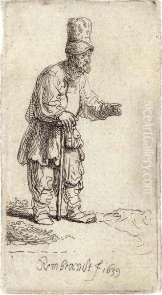 A Peasant In A High Cap, Standing Leaning On A Stick Oil Painting by Rembrandt Van Rijn
