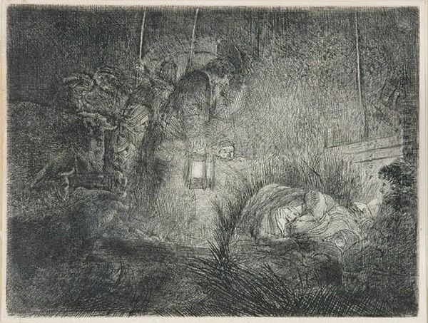 The Adoration Of The Shepherds: A Night Piece (bartsch, Hollstein46; Hind 255) Oil Painting by Harmenszoon van Rijn Rembrandt