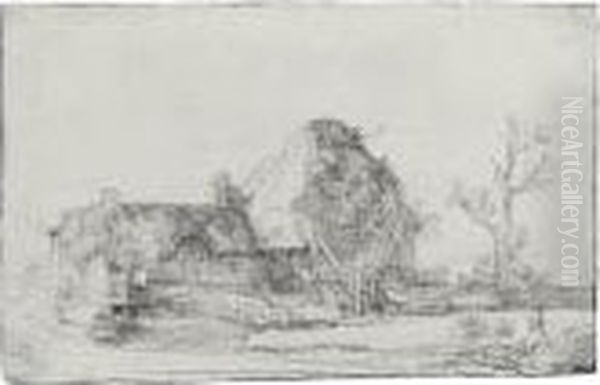 Cottages And Farm Buildings With A Man Sketching (b., Holl. 219; H. 213; Bb. 45-2) Oil Painting by Harmenszoon van Rijn Rembrandt