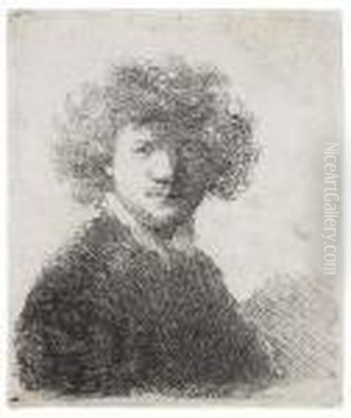 Self Portrait With Curly Hair And White Collar: Bust Oil Painting by Rembrandt Van Rijn
