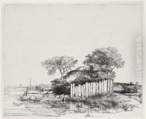 Cottage With A White Paling (b., Holl. 232; H. 203; Bb. 52-e) Oil Painting by Rembrandt Van Rijn