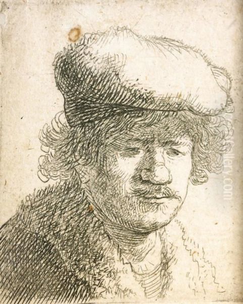 Self Portrait With Cap Pulled Forward Oil Painting by Rembrandt Van Rijn