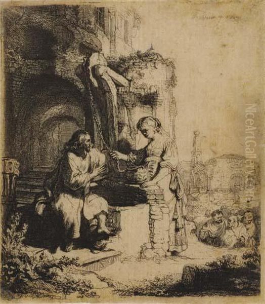 Christ And The Woman Of Samaria Among Ruins. Oil Painting by Rembrandt Van Rijn