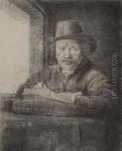 Self Portrait Drawing At A Window Oil Painting by Rembrandt Van Rijn