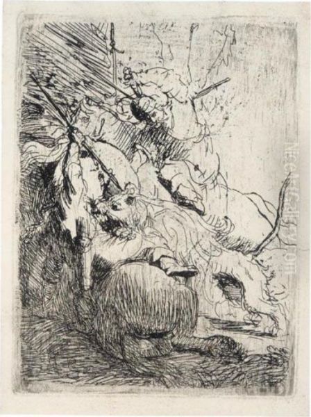 The Small Lion Hunt (with One Lion) (b., Holl.116; H.6; Bb.29-3) Oil Painting by Rembrandt Van Rijn
