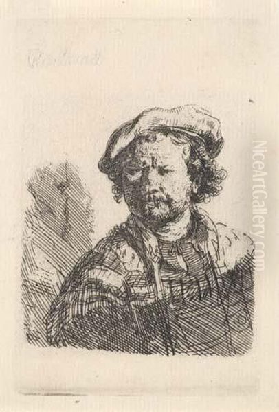 Self Portrait In A Flat Cap And Embroidered Dress Oil Painting by Rembrandt Van Rijn