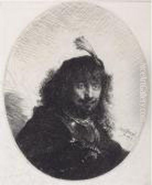 Self Portrait With Plumed Cap And Lowered Sabre (b., Holl. 23; H. 110; Bb. 34-b) Oil Painting by Harmenszoon van Rijn Rembrandt