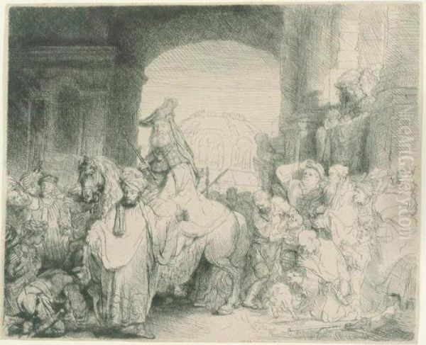 The Triumph Of Mordecai (b., Holl. 40; H. 172; Bb. 41-1) Oil Painting by Harmenszoon van Rijn Rembrandt