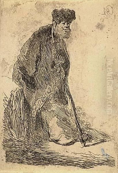 Bald Man With Open Mouth, Looking Down: Bust Oil Painting by Rembrandt Van Rijn