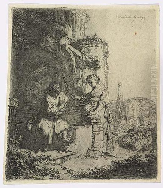 Christ And The Woman Of Samaria Among Ruins<</b> Oil Painting by Rembrandt Van Rijn