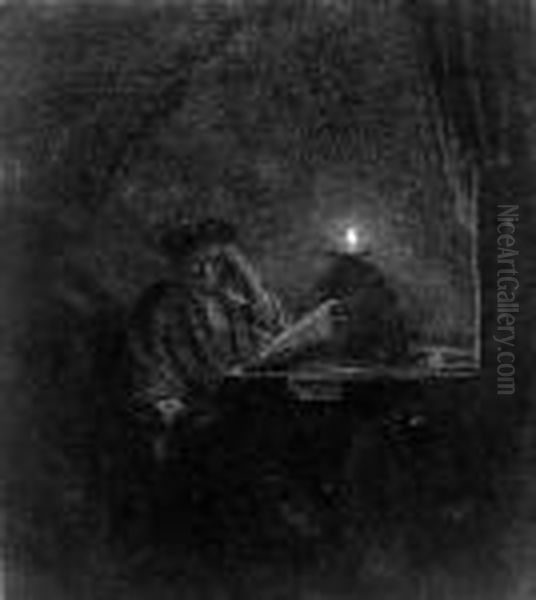 A Student At A Table By Candlelight Oil Painting by Rembrandt Van Rijn