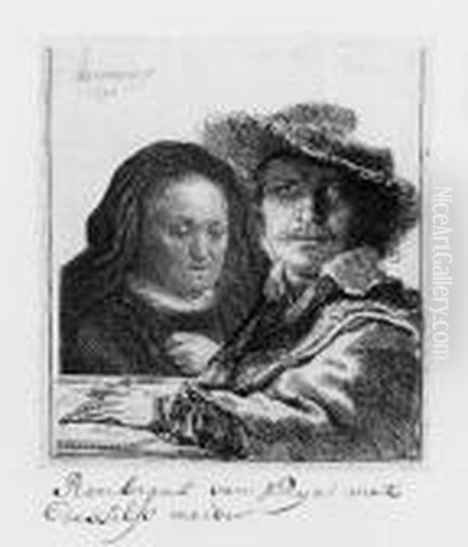 Self Portrait With The Artist's Mother With Her Hand On Her Chest:small Bust Oil Painting by Rembrandt Van Rijn
