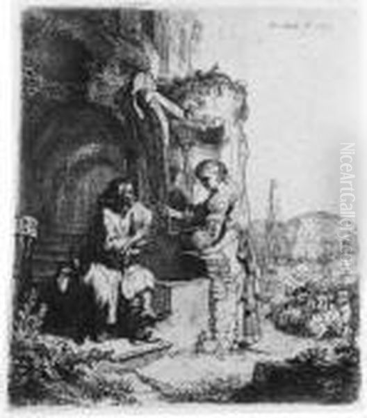 Christ And The Woman Of Samaria Among Ruins (b., Holl. 71; H.122) Oil Painting by Harmenszoon van Rijn Rembrandt