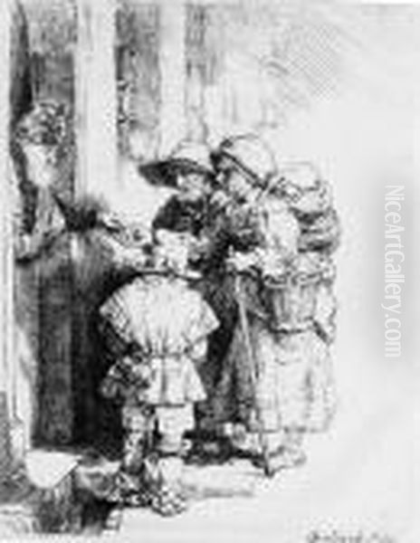 Beggars Receiving Alms At The Door Of A House Oil Painting by Rembrandt Van Rijn