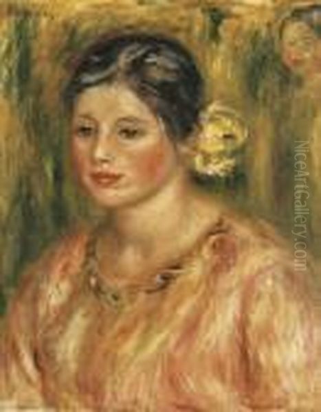 Tete De Jeune Fille En Rose Oil Painting by Pierre Auguste Renoir