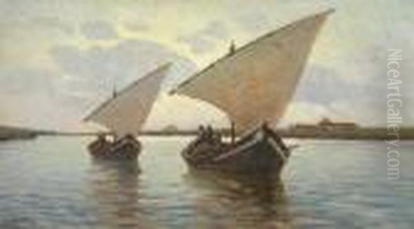 Barche Nel Canale Navicelli Oil Painting by Renuccio Renucci
