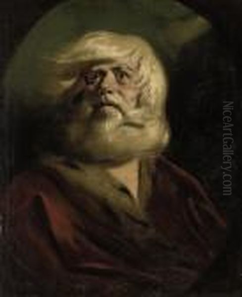 King Lear Against A Stormy Sky, 
In A Crimson Mantle Trimmed With Ermine, In A Feigned Oval Oil Painting by Sir Joshua Reynolds