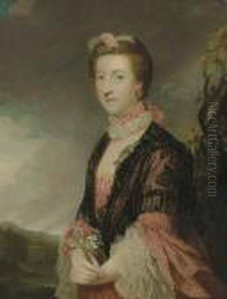 Portrait Of Mary, Countess Of 
Courtown, Lady Of The Bedchamber To Queen Charlotte, Half-length, With A
 Black Lace Shawl, Holding A Spray Of Carnations, A Landscape Beyond Oil Painting by Sir Joshua Reynolds