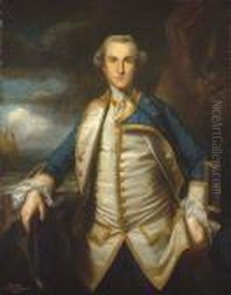Portrait Of Captain Alexander 
Hood, Later 1st Viscount Bridport(1726-1814), Three-quarter-length, In 
Captain's Undress Uniform, Acocked Hat In His Right Hand, A Man-o'-war 
At Sea Beyond Oil Painting by Sir Joshua Reynolds