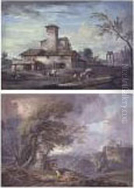An Italianate Landscape With A 
Farmhouse And Ruins In The Distance And An Extensive Italianate 
Landscape With Peasants And Animals Running From An Approaching Storm: A
 Pair Of Paintings Oil Painting by Marco Ricci