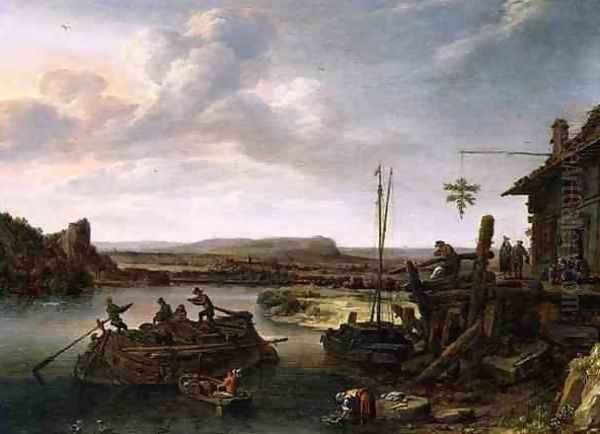 River Landscape Oil Painting by Herman Saftleven