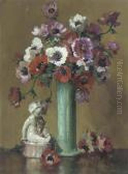 White, Red And Purple Anemones In A Green Vase Oil Painting by David the Elder Richter White, Red And Purple Anemones In A Green Vase Oil Painting by David the Elder Richter