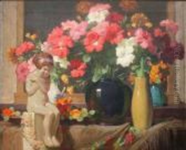 Still Life Of A Porcelain Figure And Vases Of Flowers Oil Painting by David the Elder Richter