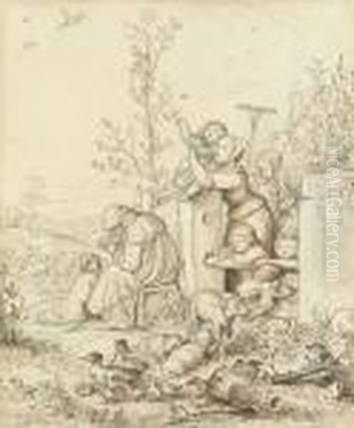 Der Lenz Ist Angekommen ('spring
 Is Coming'): Children At A Cottage Gate Watching The Returning Storks, A
 Seated Shepherd Reading By Lambs Oil Painting by Adrian Ludwig Richter