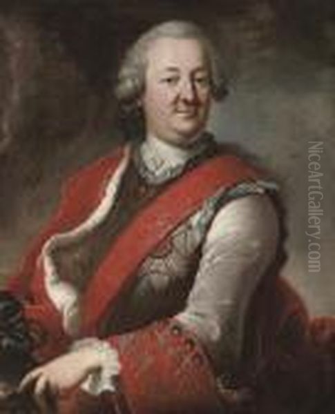 Portrait Of A Gentleman, 
Half-length, In A Red Cloak With Ermine Trim, And A Sash And Medal Of 
Honour, His Left Hand Resting On A Plumed Helmet Oil Painting by Hyacinthe Rigaud