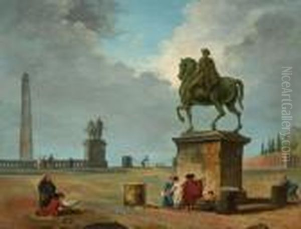 Dessinateurs Et Promeneurs Au Pied D'une Statue Equestre Oil Painting by Hubert Robert