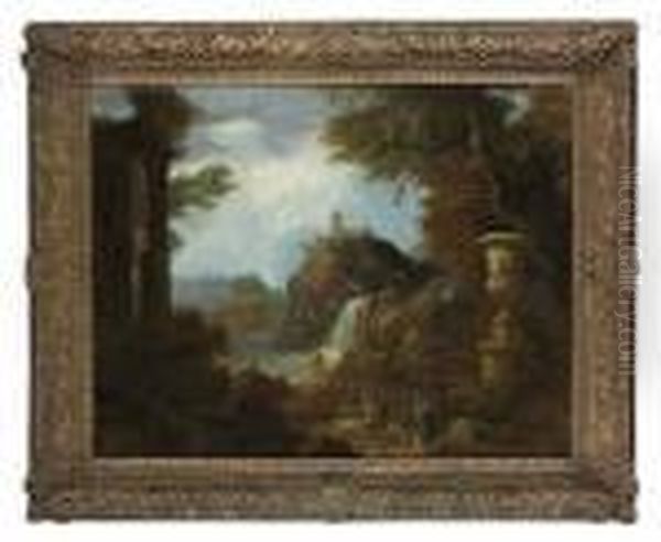 An Architectural Cappriccio, With Washerwomen By A River Oil Painting by Hubert Robert
