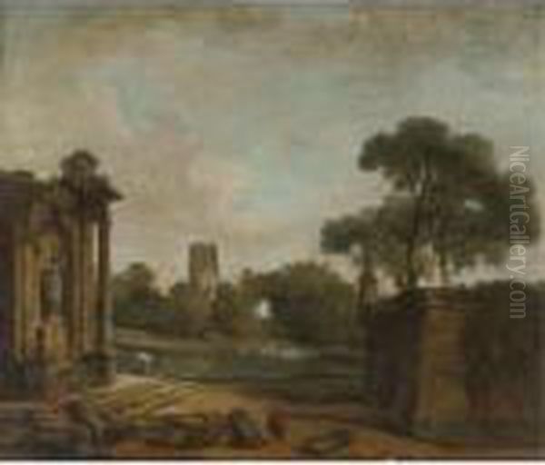 Figures In A Landscape With Roman Ruins And A Gothic Tower Oil Painting by Hubert Robert