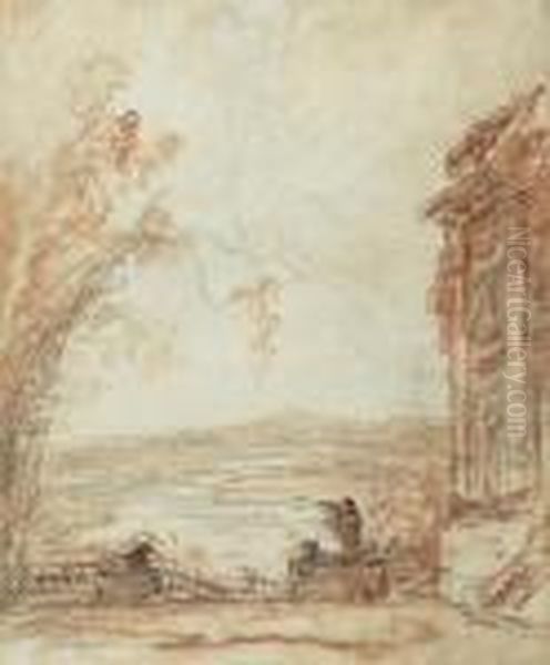 1. La Fontaine A L' Obelisque. 2. La Terasse. Oil Painting by Hubert Robert