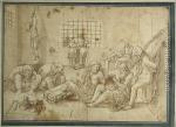 Chained Figures In A Prison Cell Oil Painting by Giulio Romano